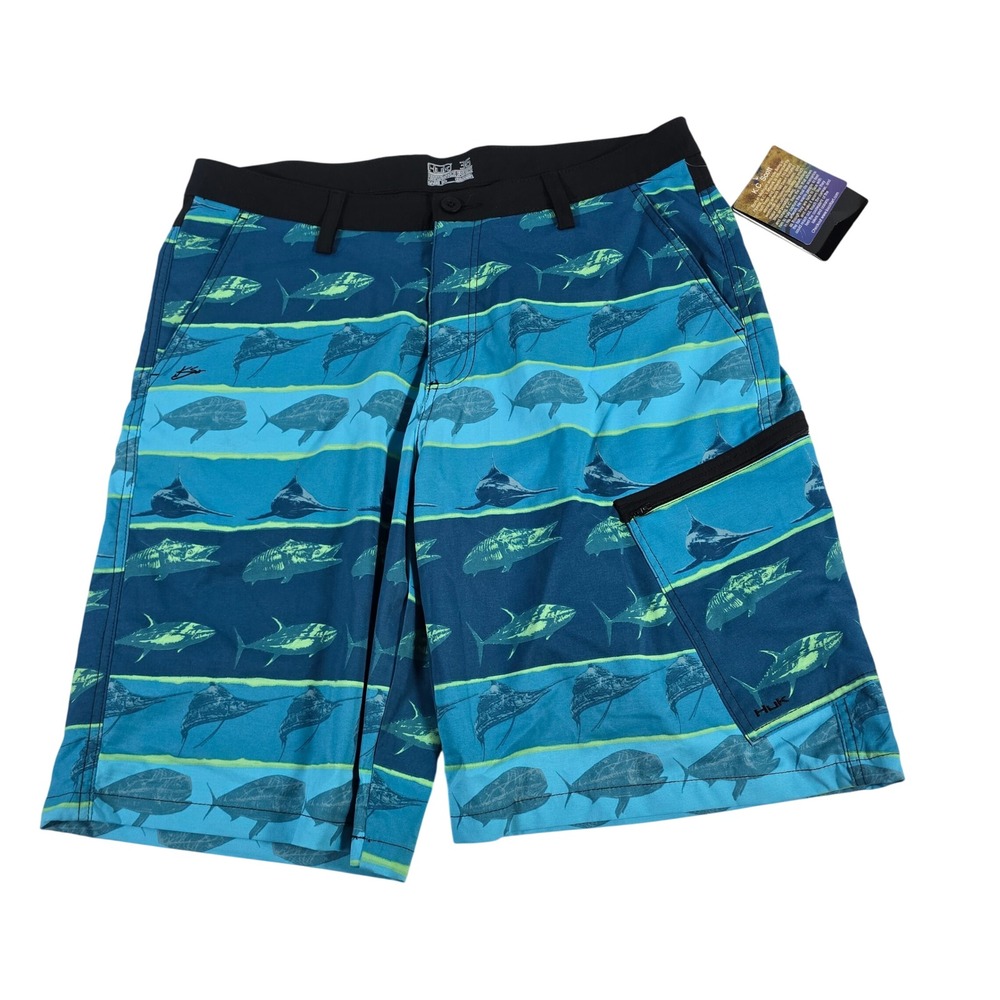 Huk KC Scott Fish Guide Board Shorts Men's Size 36 All Over Marlin Tuna‎ Print